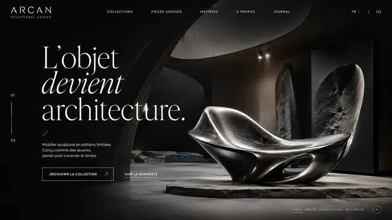 Écran de démonstration pour un éditeur de mobilier : « L'objet devient architecture », une assise sculpturale en métal poli.