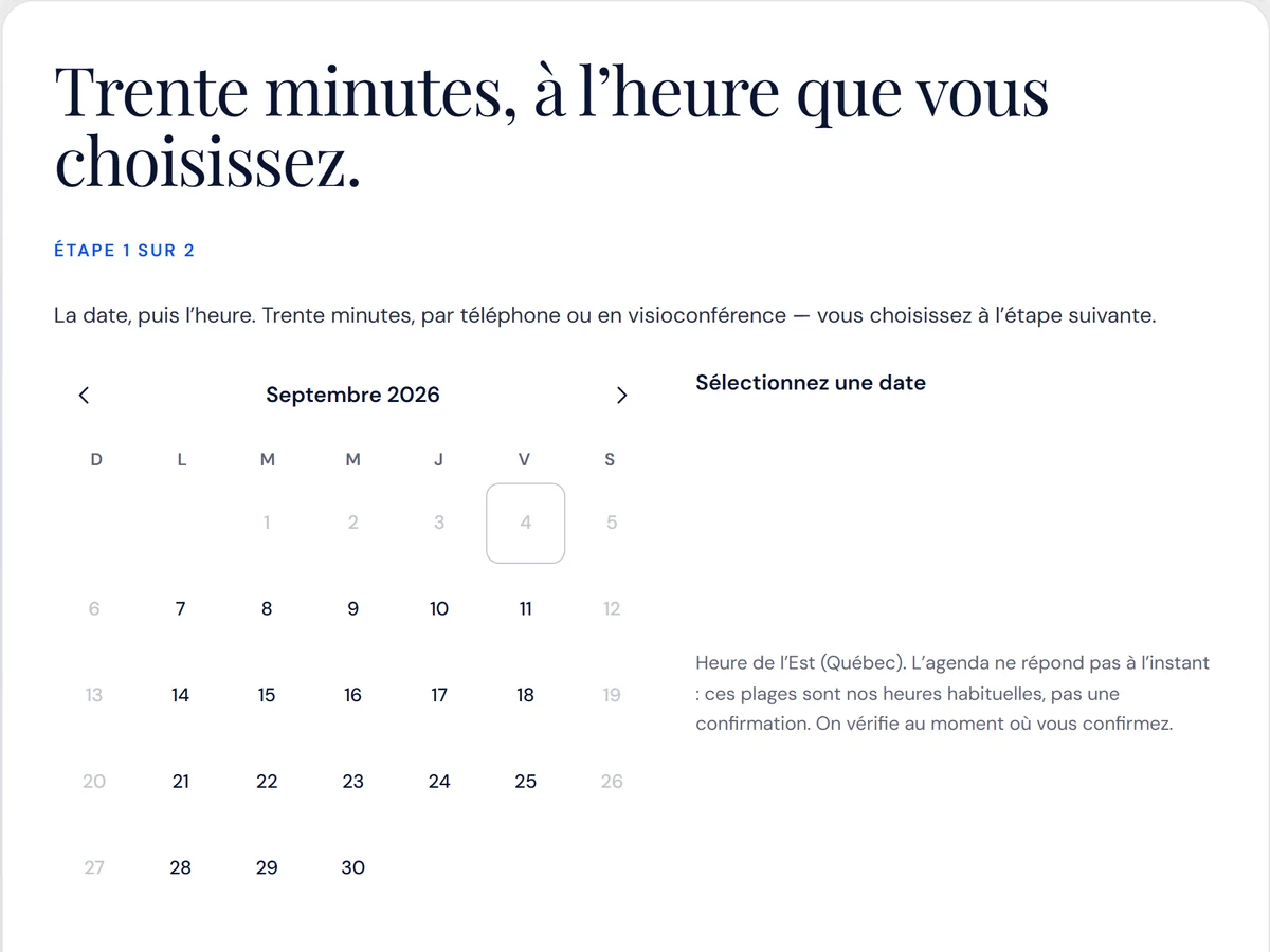 Notre écran de réservation : le calendrier, les jours libres, et le choix entre téléphone et visioconférence.