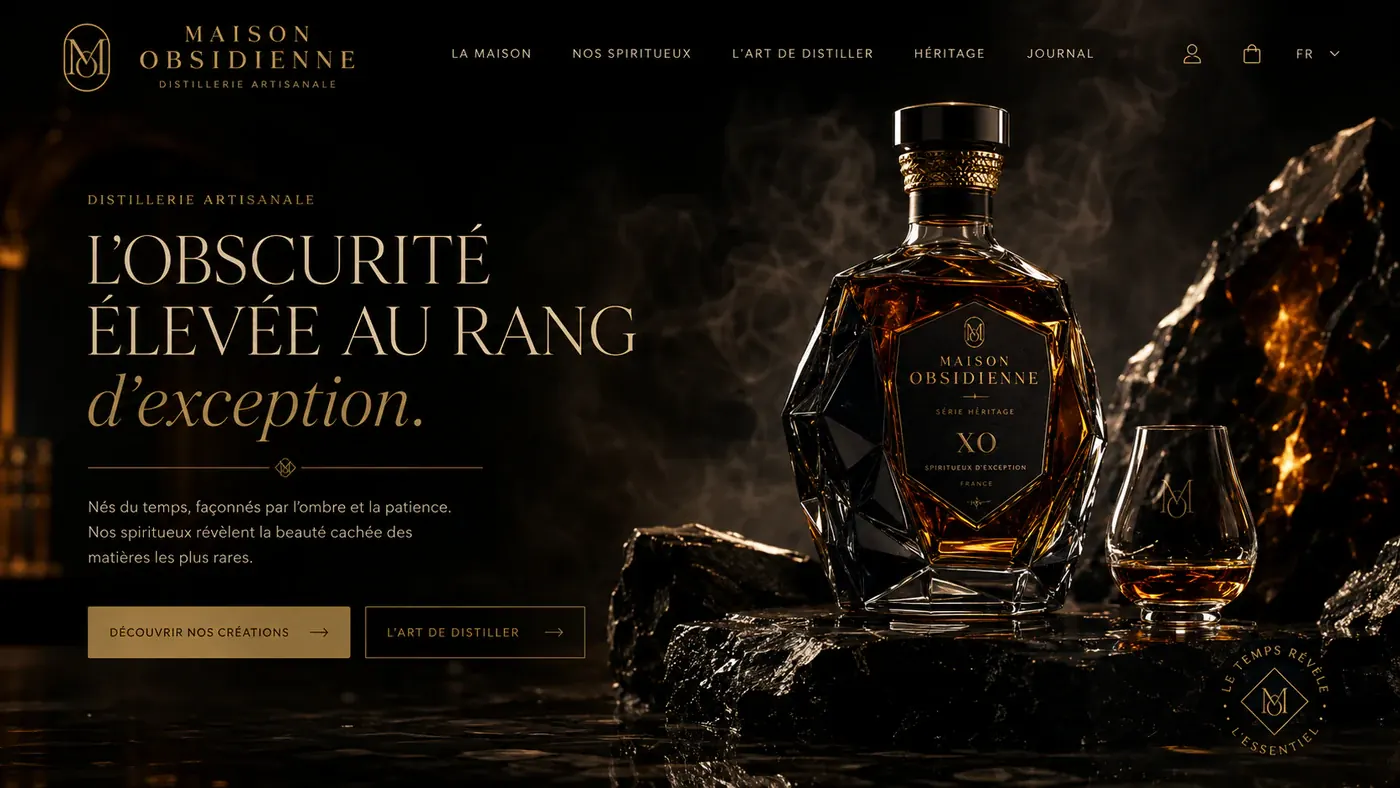 Écran de démonstration pour une distillerie : « L'obscurité élevée au rang d'exception », une carafe de spiritueux sur de la roche noire.