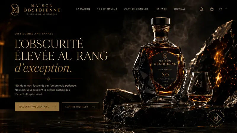 Écran de démonstration pour une distillerie : « L'obscurité élevée au rang d'exception », une carafe de spiritueux sur de la roche noire.
