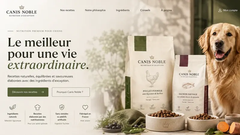 Écran de démonstration pour une animalerie : « Le meilleur pour une vie extraordinaire », un chien assis près de sachets de nourriture.
