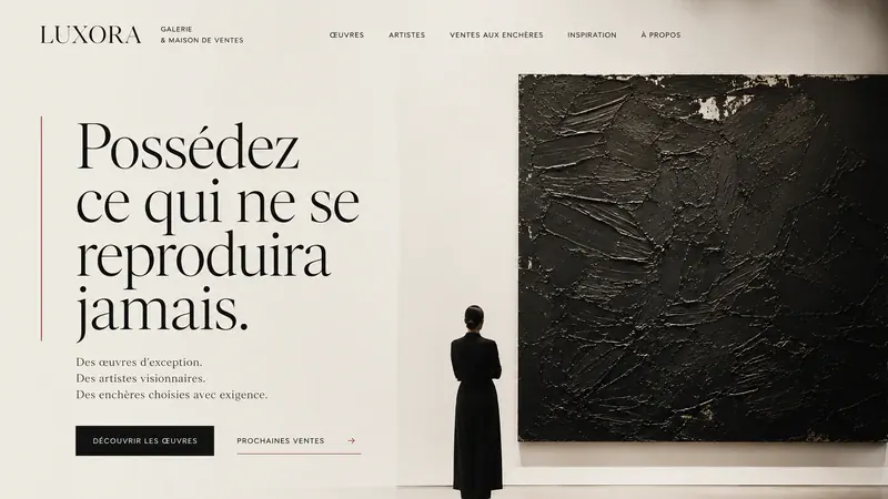 Écran de démonstration pour une galerie d'art : « Possédez ce qui ne se reproduira jamais », une silhouette devant une toile monochrome.