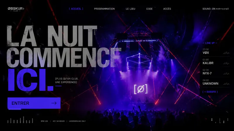 Écran de démonstration pour un club de nuit : « La nuit commence ici », une salle de concert traversée de faisceaux bleus.