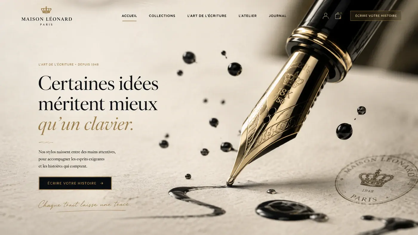 Écran de démonstration d'une boutique d'objets d'écriture : une plume présentée sur fond sombre.