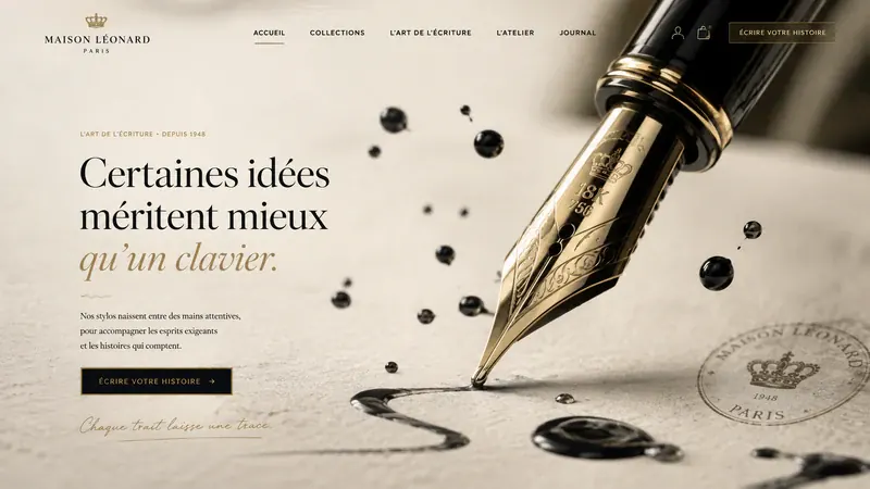 Écran de démonstration pour un fabricant de stylos : « Certaines idées méritent mieux qu'un clavier », une plume d'écriture et une traînée d'encre.