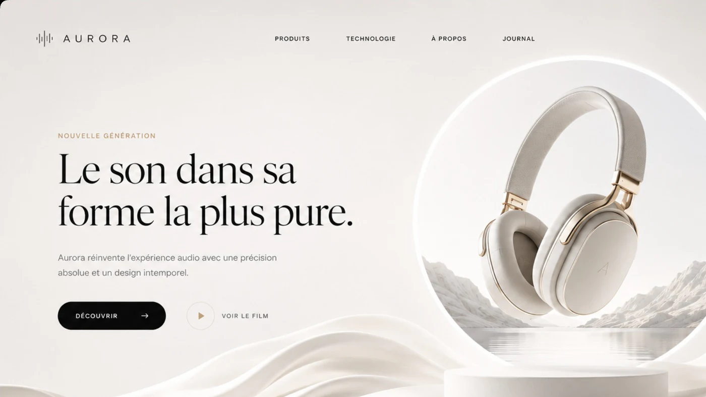 Écran de démonstration pour une marque de casques audio : « Le son dans sa forme la plus pure », un casque blanc posé sur une onde de tissu.