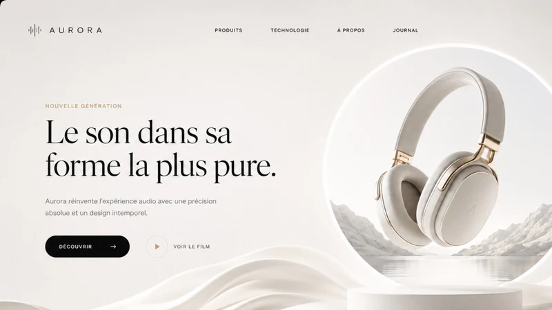 Écran de démonstration pour une marque de casques audio : « Le son dans sa forme la plus pure », un casque blanc posé sur une onde de tissu.