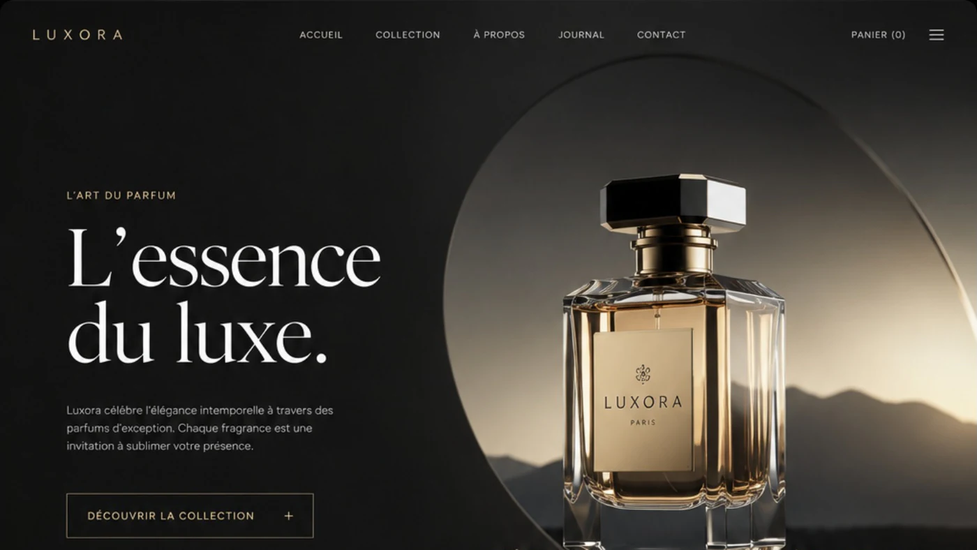 Écran de démonstration pour une parfumerie : « L'essence du luxe », un flacon de parfum devant un disque de lumière.