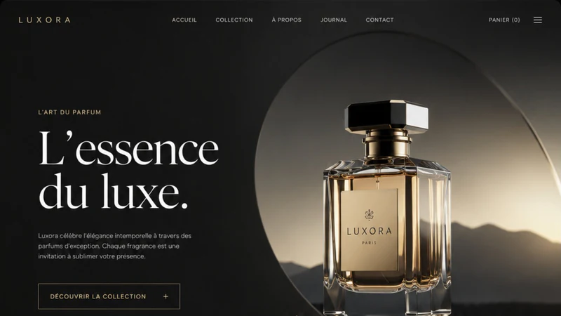 Écran de démonstration pour une parfumerie : « L'essence du luxe », un flacon de parfum devant un disque de lumière.