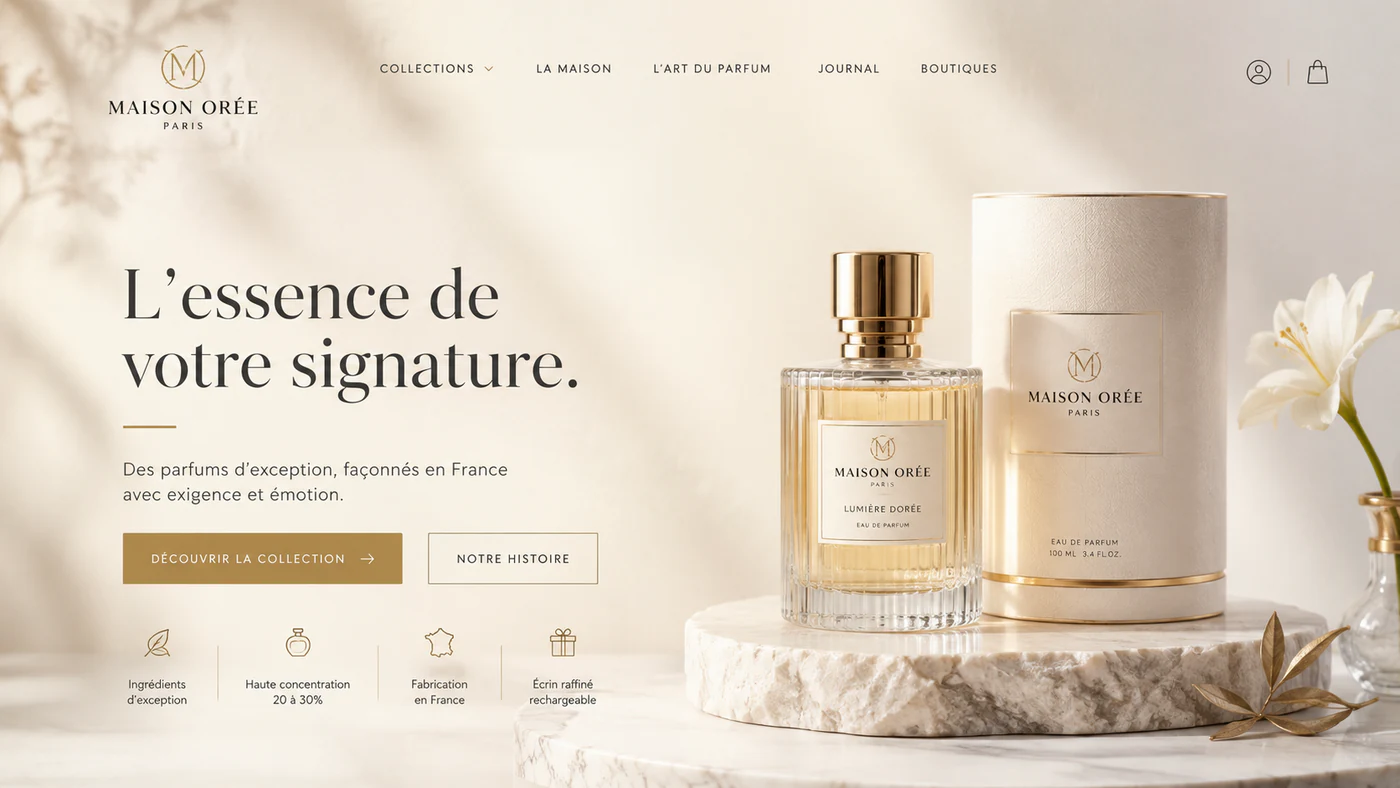 Écran de démonstration pour une parfumerie : « L'essence de votre signature », deux flacons posés sur du marbre, près d'un lys.