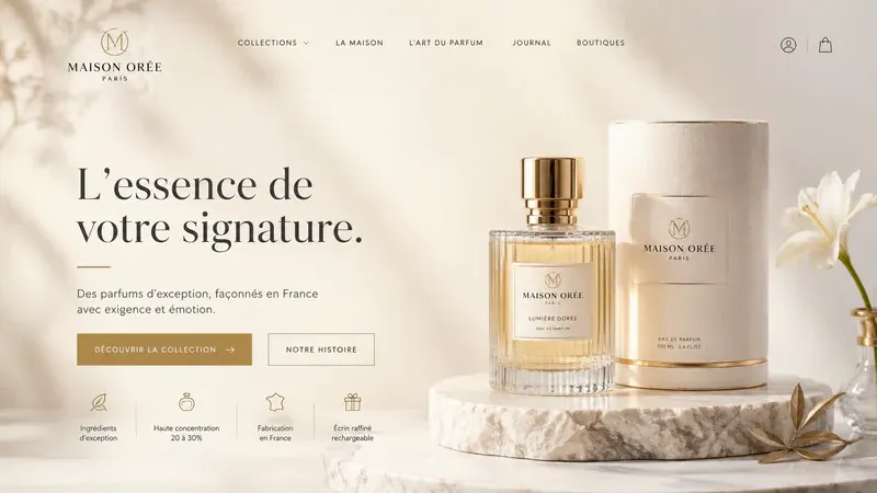 Écran de démonstration pour une parfumerie : « L'essence de votre signature », deux flacons posés sur du marbre, près d'un lys.