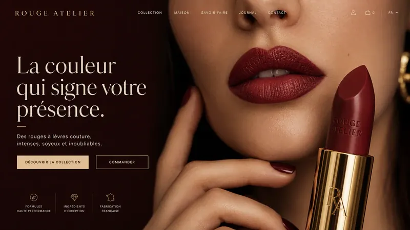 Écran de démonstration pour une marque de rouges à lèvres : « La couleur qui signe votre présence », des lèvres en gros plan et un rouge à lèvres doré.