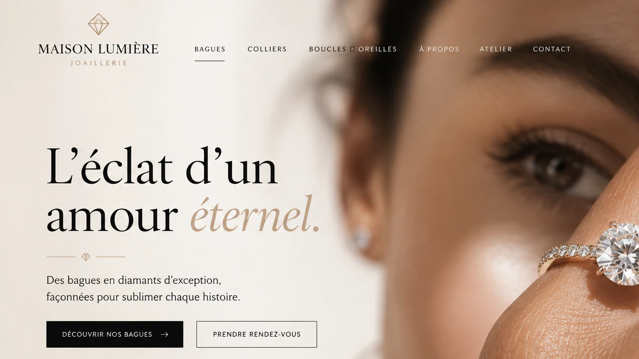 Écran de démonstration pour une joaillerie : « L'éclat d'un amour éternel », un œil en gros plan et une bague de diamants.
