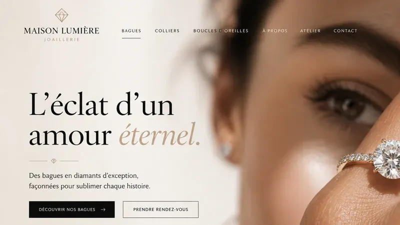 Écran de démonstration pour une joaillerie : « L'éclat d'un amour éternel », un œil en gros plan et une bague de diamants.