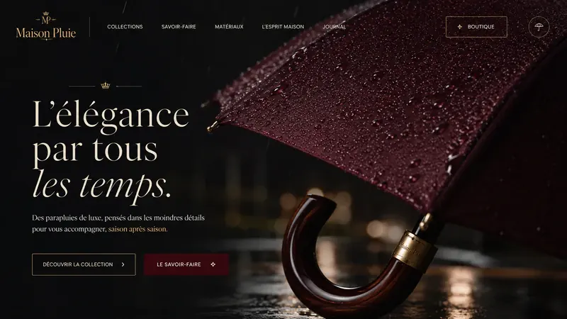 Écran de démonstration pour un fabricant de parapluies : « L'élégance par tous les temps », un parapluie bordeaux couvert de gouttes.