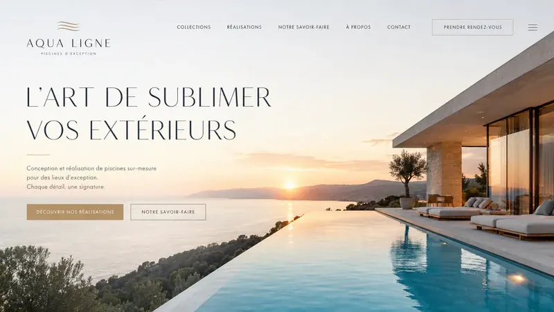 Écran de démonstration pour un constructeur de piscines : « L'art de sublimer vos extérieurs », une piscine à débordement au coucher du soleil.