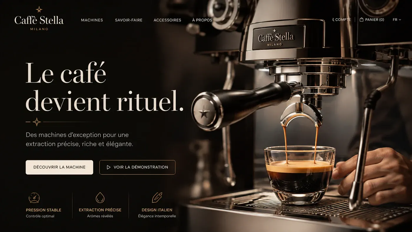 Écran de démonstration pour un fabricant de machines à café : « Le café devient rituel », une machine à espresso pendant l'extraction.