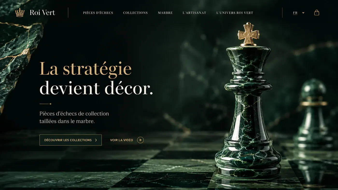 Écran de démonstration pour un artisan d'échiquiers : « La stratégie devient décor », des pièces d'échecs taillées dans le marbre vert.