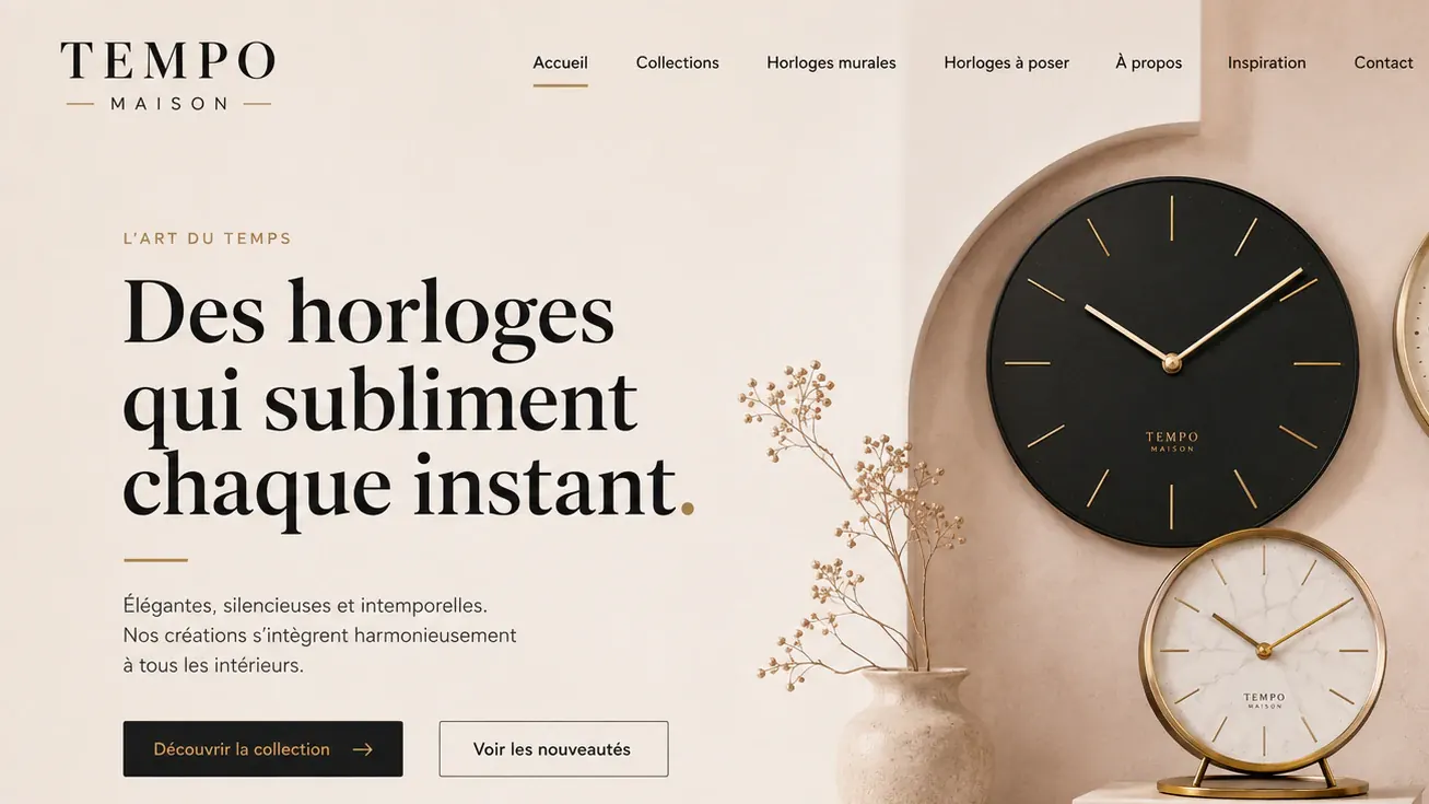 Écran de démonstration pour une horlogerie : « Des horloges qui subliment chaque instant », trois horloges posées sur un plan clair.