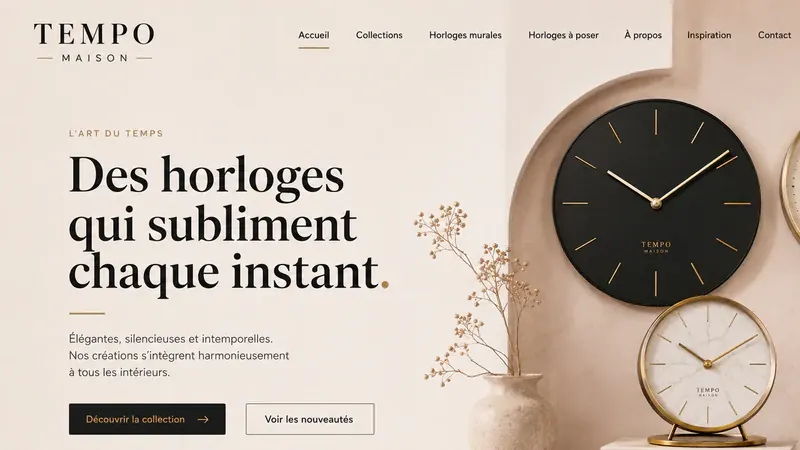 Écran de démonstration pour une horlogerie : « Des horloges qui subliment chaque instant », trois horloges posées sur un plan clair.