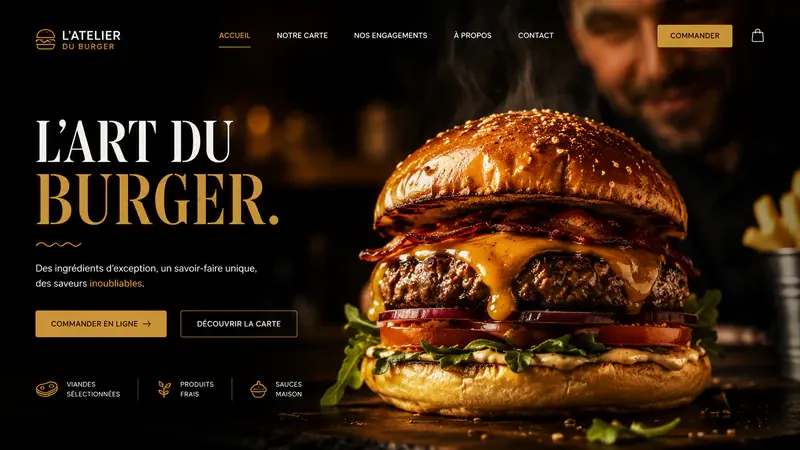 Écran de démonstration pour un restaurant : « L'art du burger », un burger en gros plan, dans une lumière chaude.