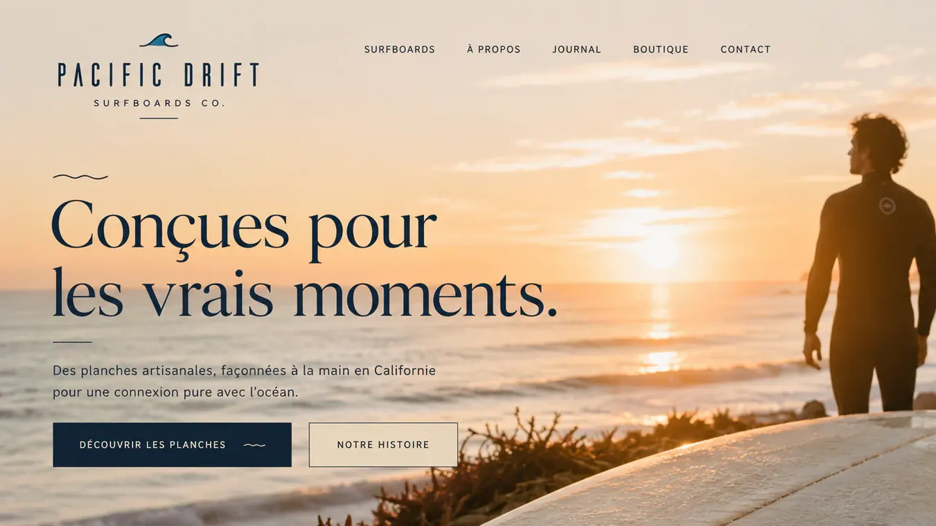 Écran de démonstration pour un fabricant de planches de surf : « Conçues pour les vrais moments », un surfeur de dos face au soleil couchant.