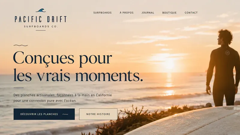 Écran de démonstration pour un fabricant de planches de surf : « Conçues pour les vrais moments », un surfeur de dos face au soleil couchant.