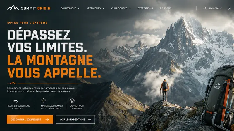 Écran de démonstration pour un équipementier de montagne : « Dépassez vos limites. La montagne vous appelle », un randonneur et un sac à dos devant un massif.