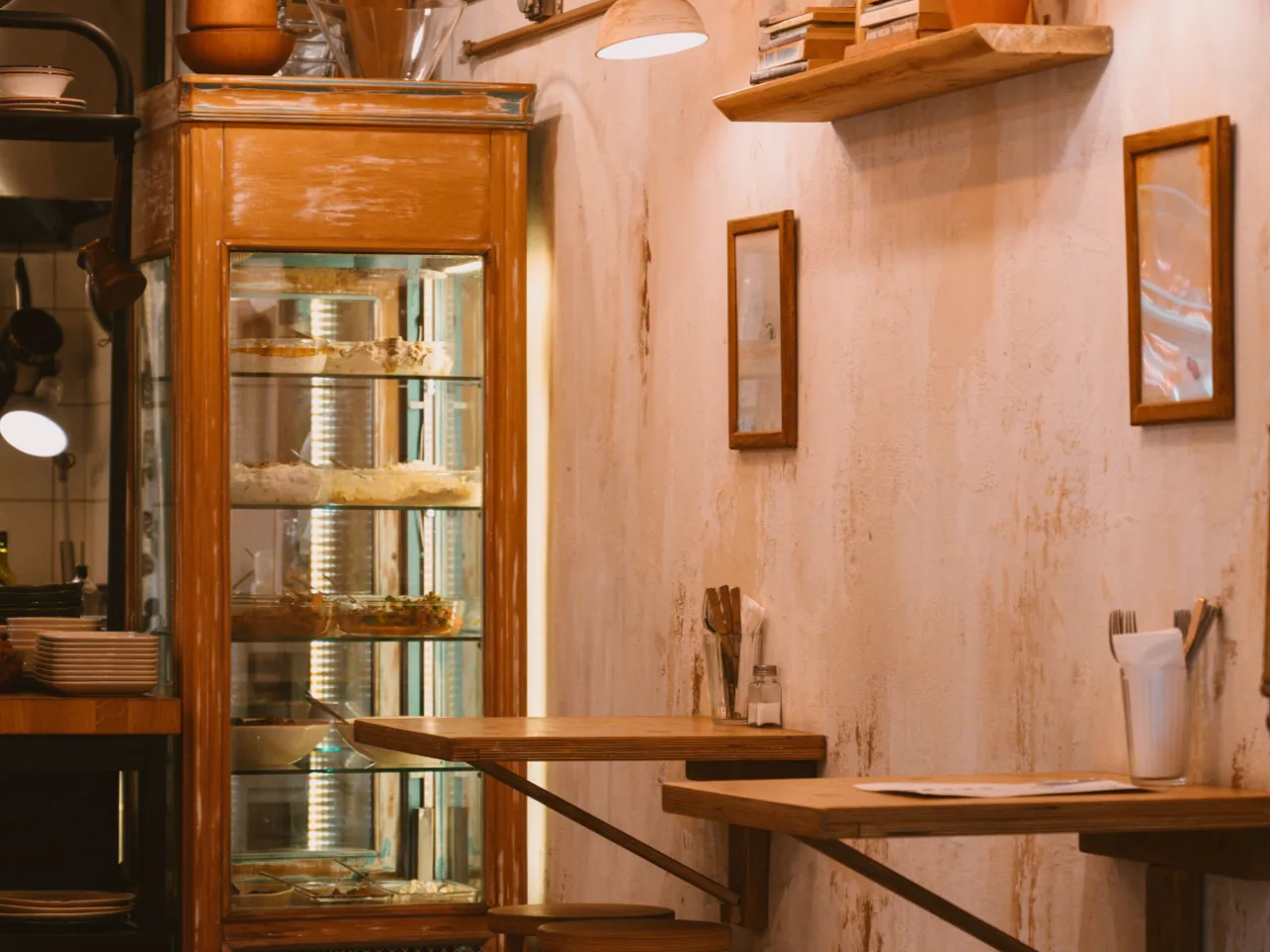 L'intérieur d'un petit commerce&nbsp;: vitrine de bois, comptoir, tabourets et lampes.