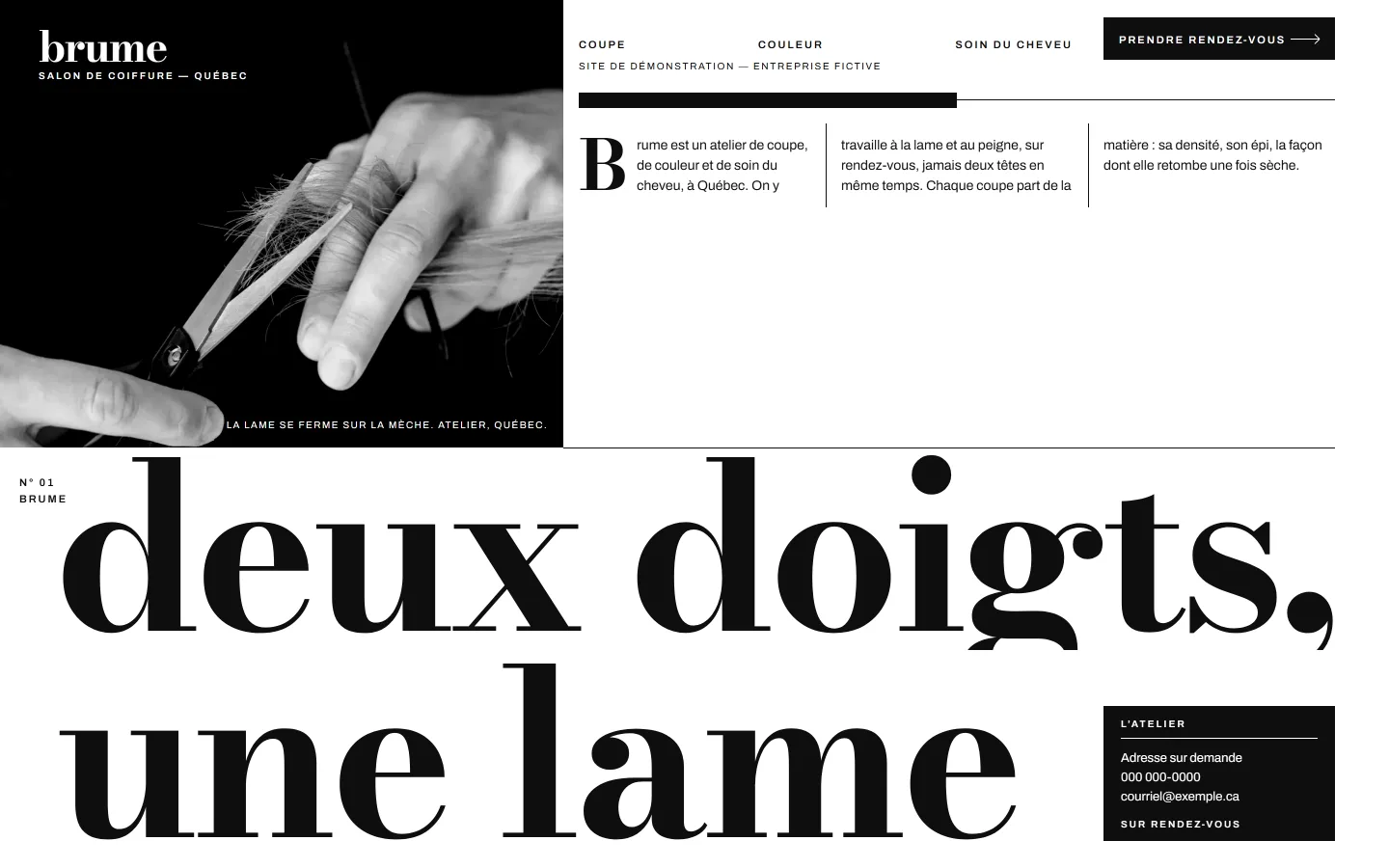 Premier écran d'un site monté pour un salon de coiffure : la lame se ferme sur la mèche, en noir et blanc, et « deux doigts, une lame » en très grand.