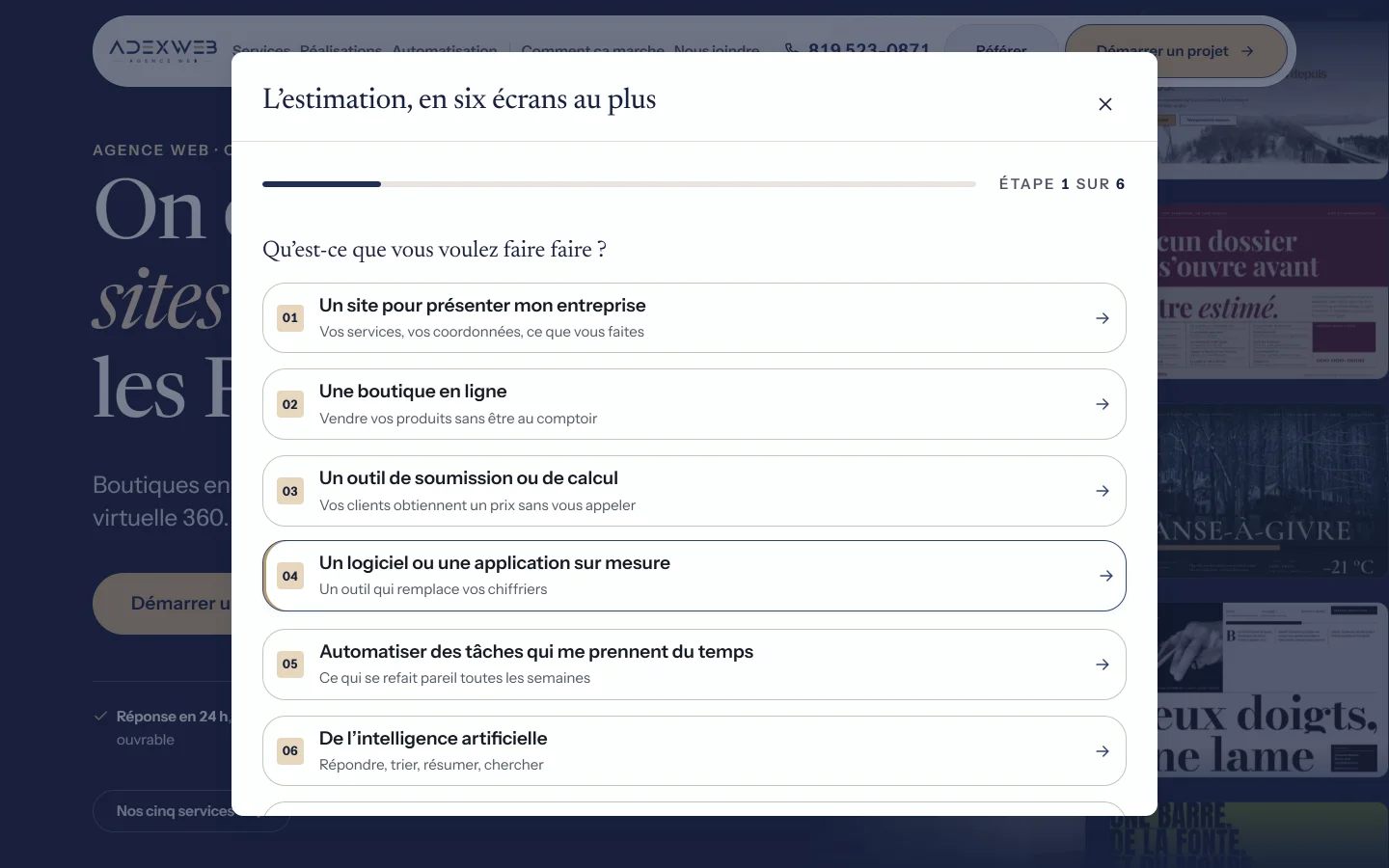 L'outil d'estimation ouvert par-dessus un site : « Qu'est-ce que vous voulez faire faire ? », huit réponses en gros boutons, étape 1 sur 6.