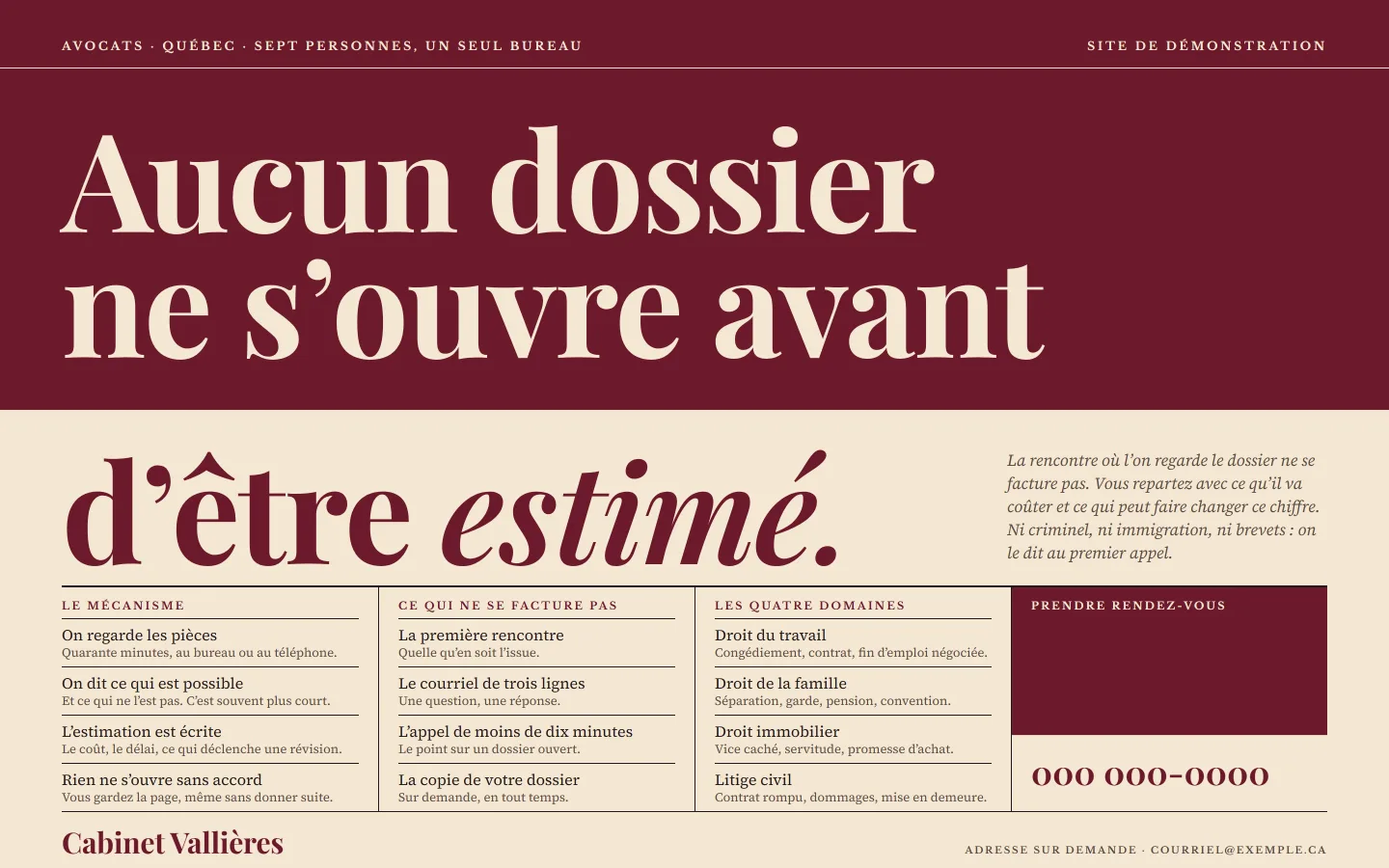 Écran d'accueil monté pour un cabinet d'avocats : le mécanisme, ce qui ne se facture pas, les quatre domaines, et un panneau « prendre rendez-vous ».
