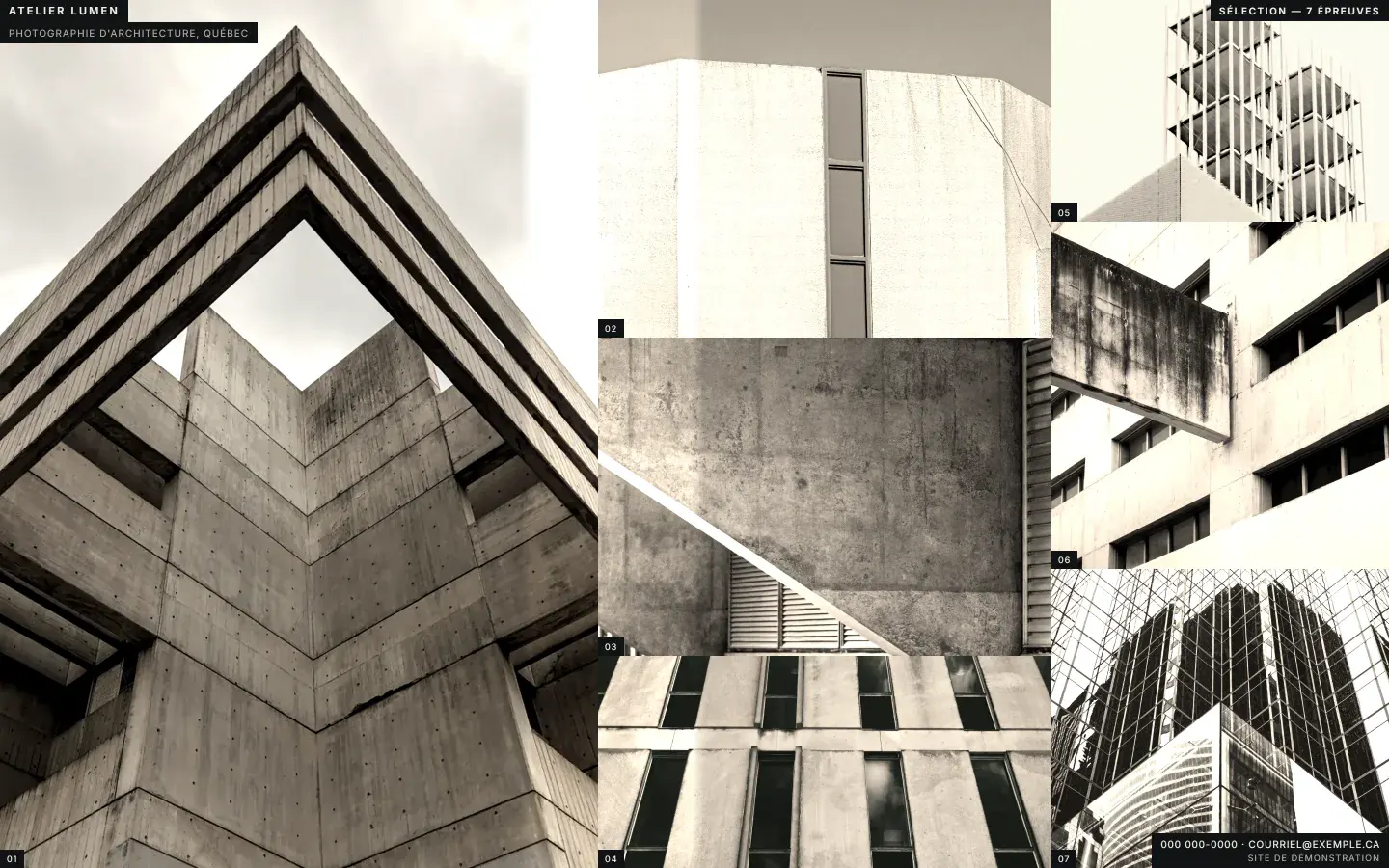 Premier écran d'un site monté pour un photographe d'architecture : sept épreuves de béton numérotées, en mosaïque pleine page.