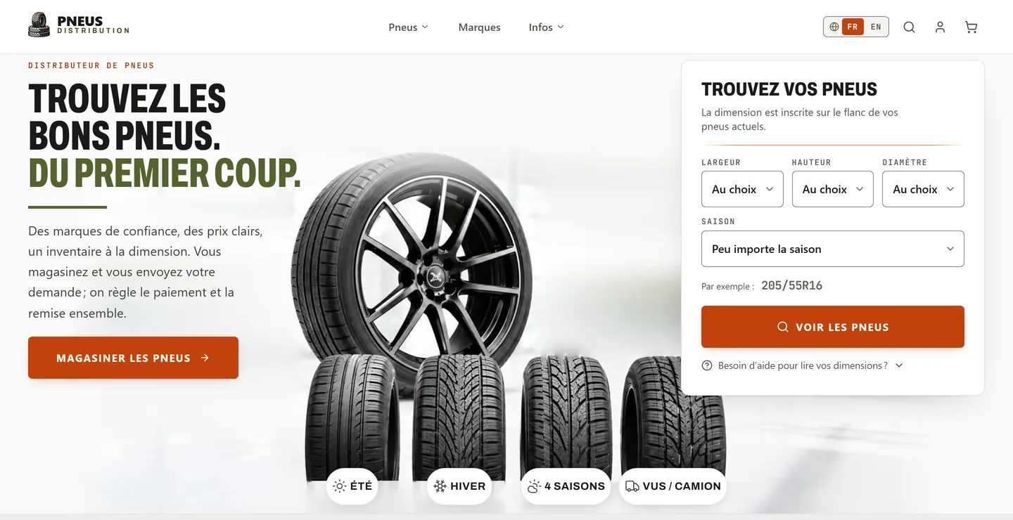 La boutique de Pneus Distribution : la recherche de pneus par dimension, avec les résultats et leurs prix.