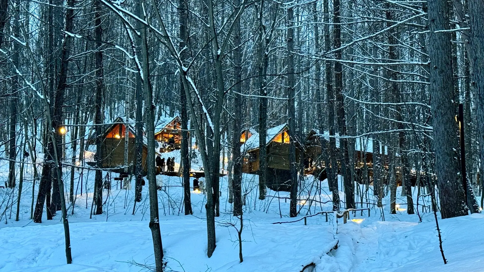 Les pavillons de bois de l’auberge, éclairés et montés sur pilotis dans la forêt d’arbres nus sous la neige, à la tombée du jour ; quelques promeneurs sur la passerelle.